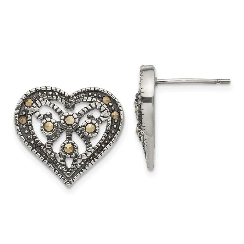 Black Crystal Earrings-Stainless Steel Marcasite Textured Heart Post Earrings