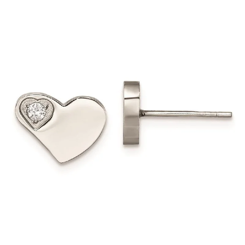 Unique Stud Earrings-Stainless Steel CZ Polished Heart Post Earrings