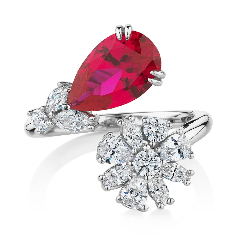 Large Gold Cocktail Rings-Dress ring with ruby simulant and 1.52 carats* of diamond simulants in sterling silver