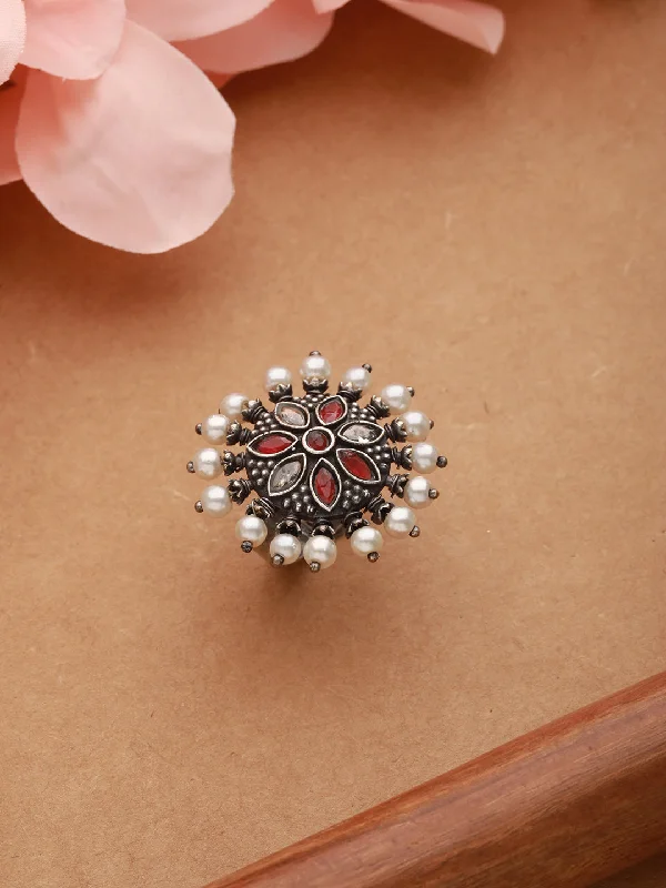 Custom Engagement Rings with Sapphire-Oxidized Silver-Plated Red & White Stone-Studded & Pearl Adjustable Finger Ring