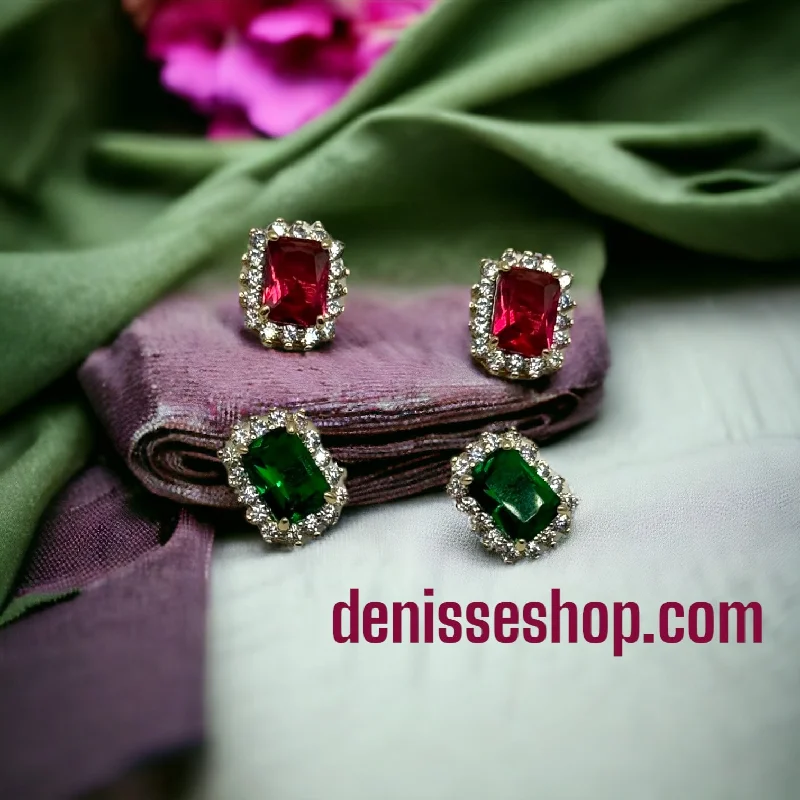 Vintage Beaded Earrings-14K Green and Red Stone Earrings E222