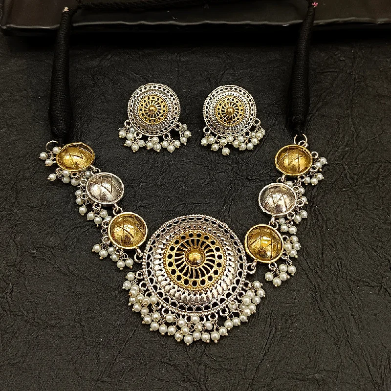 Wedding Necklaces for Brides-Deep Jewell 2 Tone Plated Pearl  Choker  Necklace Set