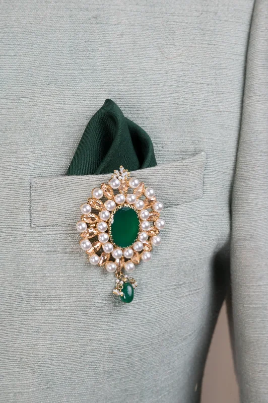 Classic Pearl Brooch-Emerald Stone and Pearl Encrusted Brooch