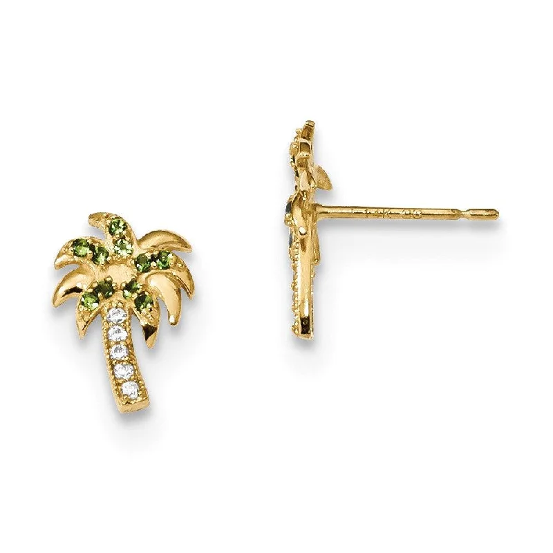 Bridal Jewelry Earrings-Madi K Kid's 14k  Green & Clear CZ Palm Tree Post Earrings