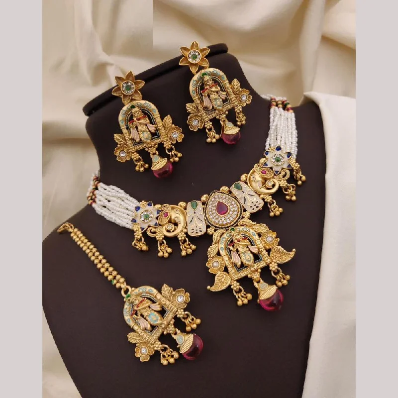 Gold-Plated Necklaces-Neetu Art Gold Plated Pota Stone And Meenakari Pearls Necklace Set