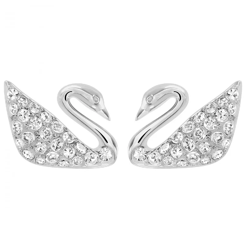 Handcrafted Pearl Earrings-Swarovski Women's Rhodium-Plated Clear Crystal Swan Pierced Earrings, 3/8" | 1116357