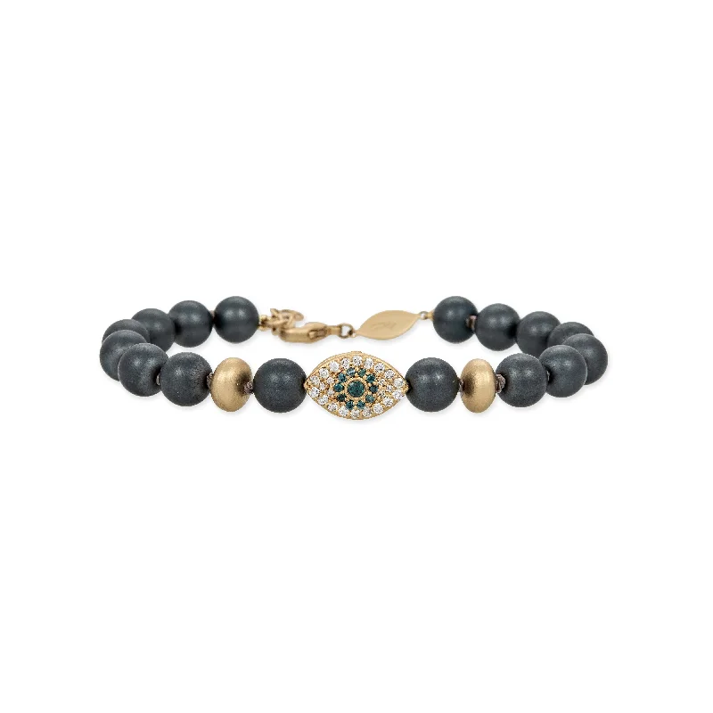 Pearl Charm Bracelets-PAVE EYE AND SCARAB BEAD + GOLD AND GREY HEMATITE BEADED STRETCH BRACELET