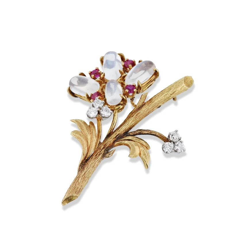 Luxury Gemstone Brooch for Wedding-Yellow Gold Diamond Moonstone Ruby Flower Estate Brooch