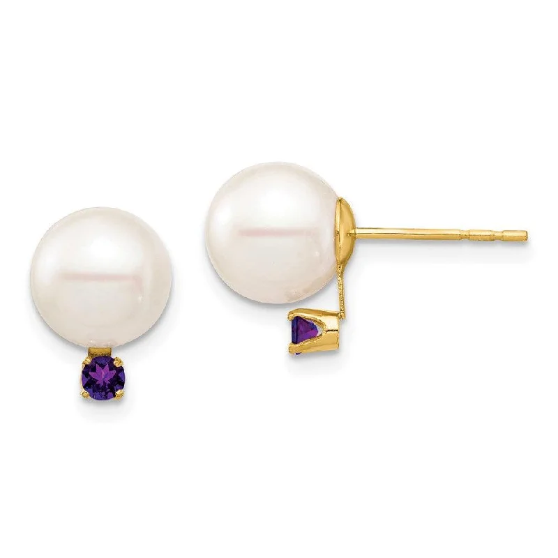 Colorful Statement Earrings-14K 8-8.5mm White Round Freshwater Cultured Pearl Amethyst Post Earrings