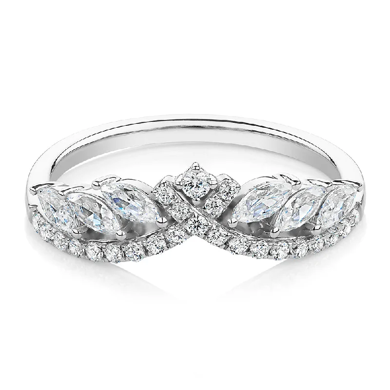 Custom Wedding Bands-Marquise curved wedding or eternity band with 0.76 carats* of diamond simulants in 10 carat white gold