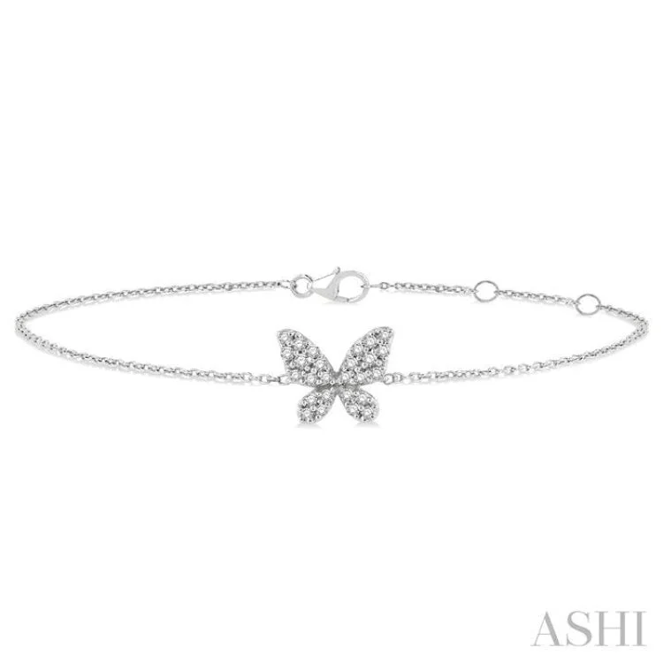 Trendy Leather Bangles-1/6 ctw Petite Butterfly Round Cut Diamond Fashion Bracelet in 10K White Gold