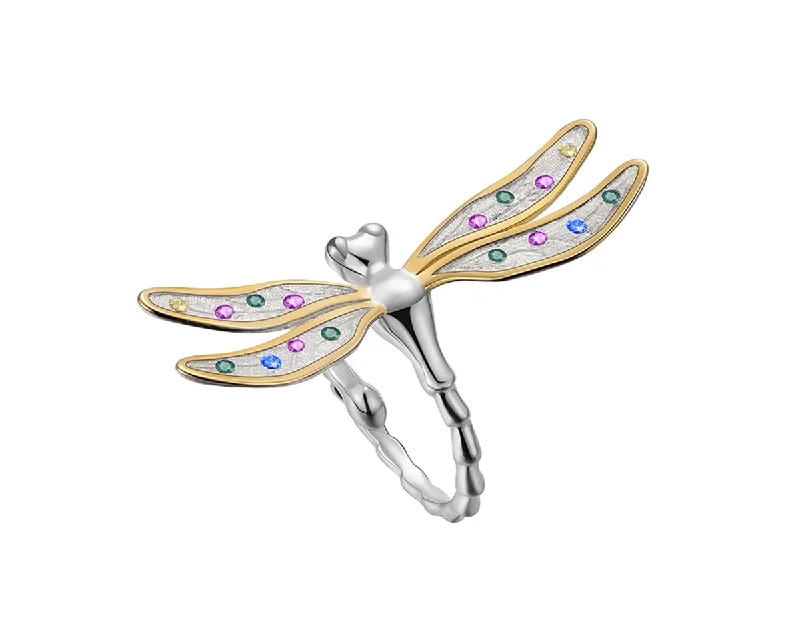 Wedding Bands with Gemstones-Rainbow Dragonfly Ring