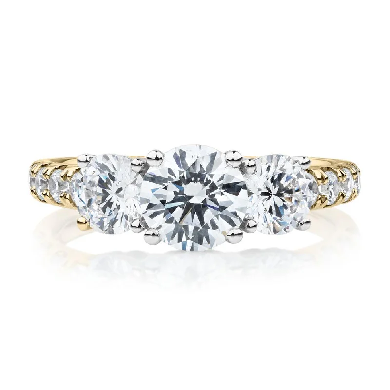 Stylish Wedding Rings for Brides-Three stone ring with 2.19 carats* of diamond simulants in 10 carat yellow and white gold