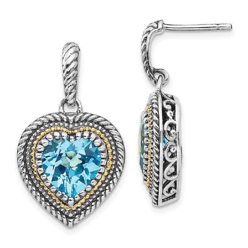 Art Deco Earrings-Sterling Silver w/14k Lt Swiss Blue Topaz Heart Dangle Post Earrings