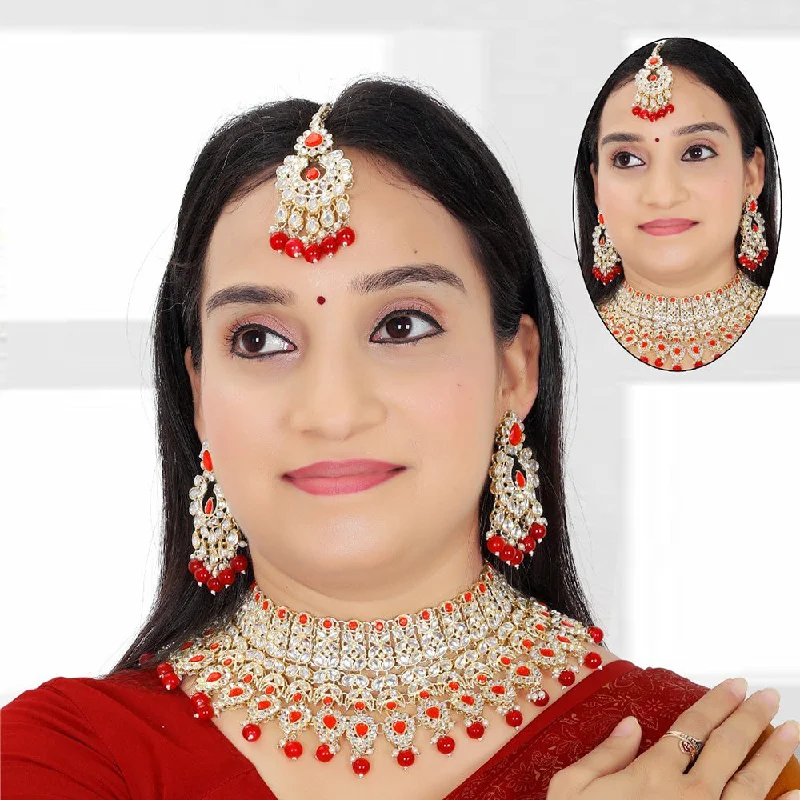 Elegant Wedding Pendant Necklaces-Gehana Mahal Gold Plated Kundan Stone Necklace Set