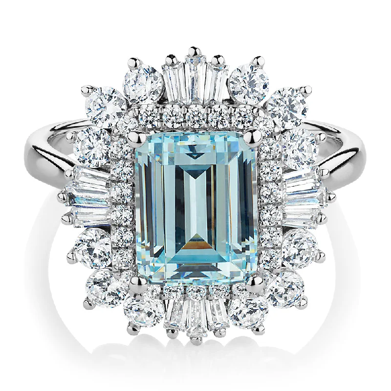 Vintage Promise Rings-Dress ring with 9x7mm aquamarine simulant and 1.43 carats* of diamond simulants in 10 carat white gold