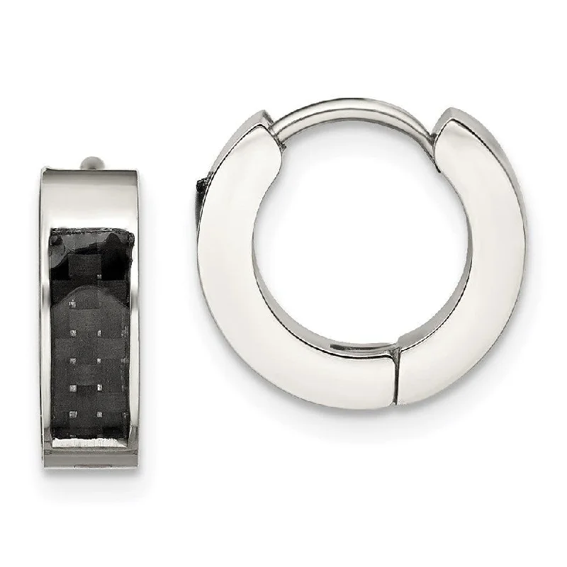 Vintage Silver Earrings-Stainless Steel Polished with Carbon Fiber Inlay 4mm Hinged Hoop Earrings