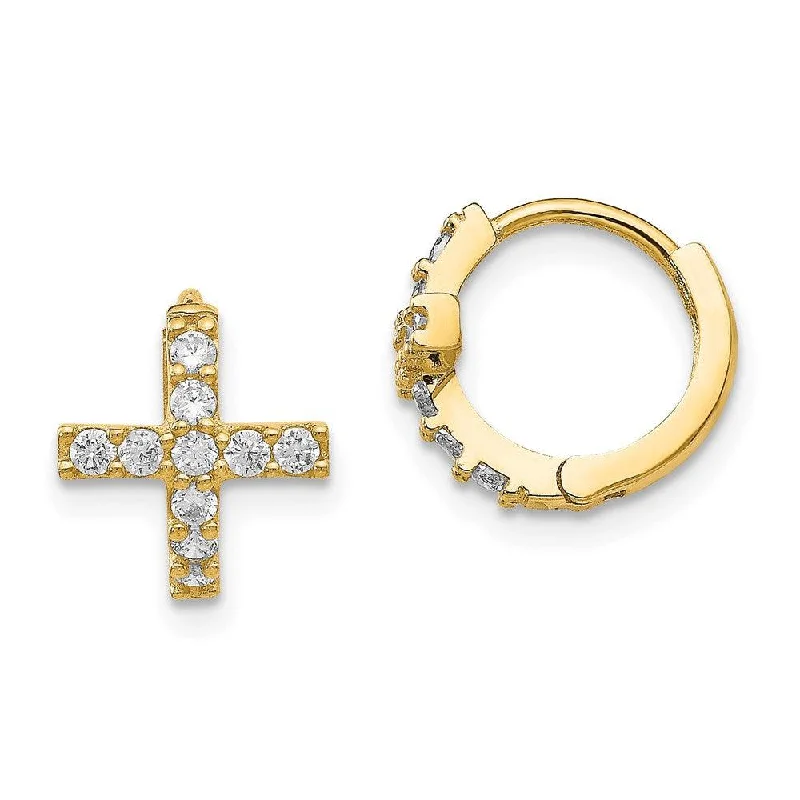 Silver Earring Cuffs-Madi K Kid's 14K  Polished CZ Cross Hinged Hoop Earrings