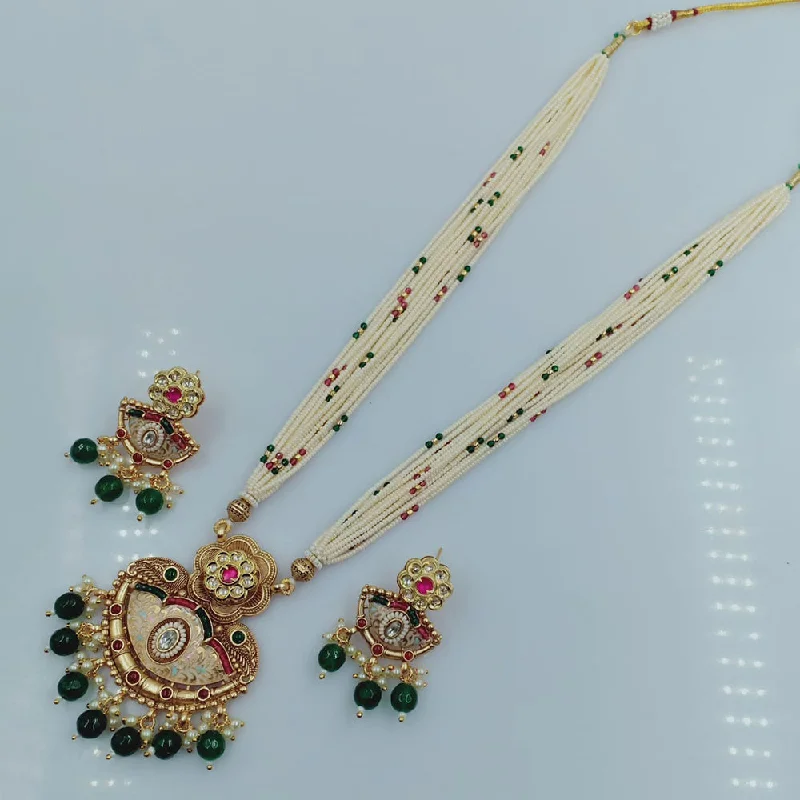 Colorful Stone Necklaces-Rani Sati Jewels Gold Plated Long Necklace Set