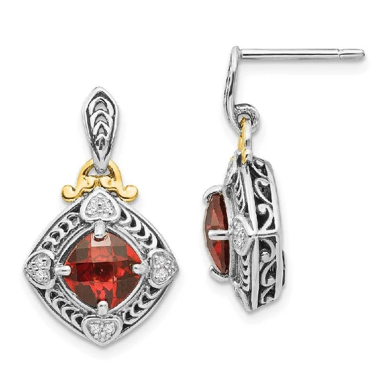 Red Gemstone Earrings-Sterling Silver w/14k Diamond & Garnet Earrings