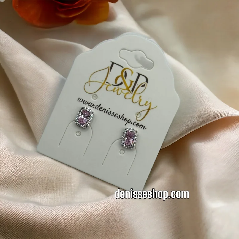 Elegant Silver Hoops-Silver Pink Stone Earrings E323