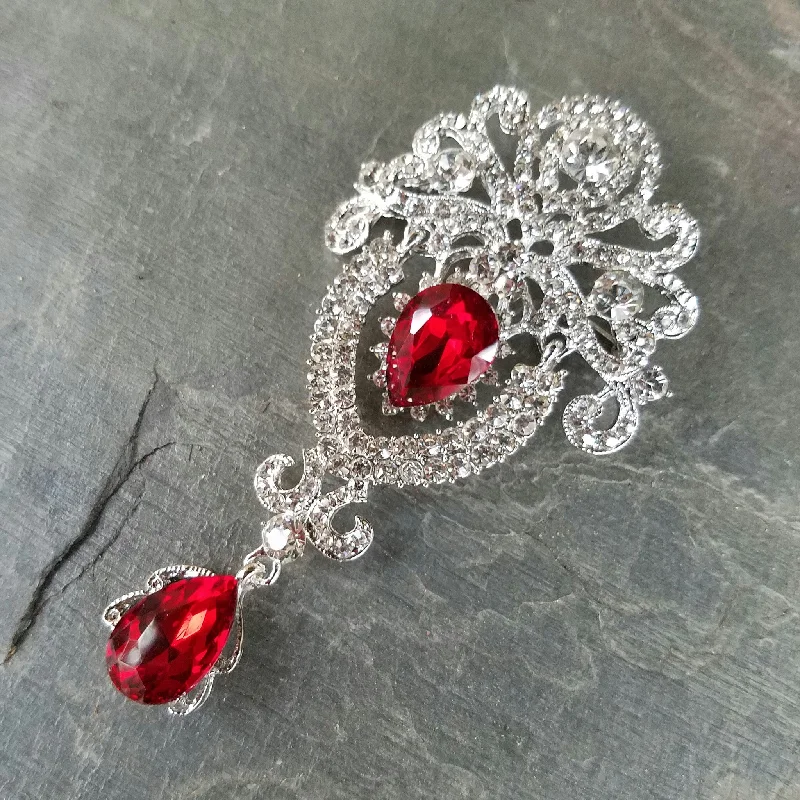 Customizable Flower Brooch-Dangling Red and Clear Rhinestone Brooch