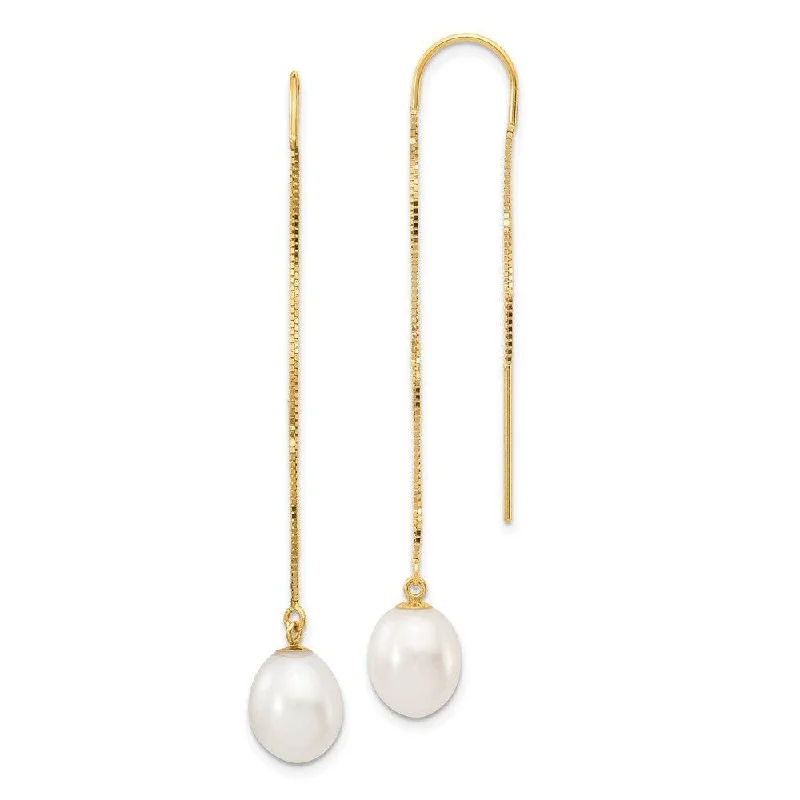 Natural Gemstone Earrings-14k 7-8mm White Rice FW Cultured Pearl Box Chain Threader Earrings