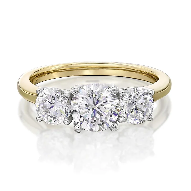 Unique Stackable Rings-Three stone ring with 2 carats* of diamond simulants in 10 carat yellow and white gold