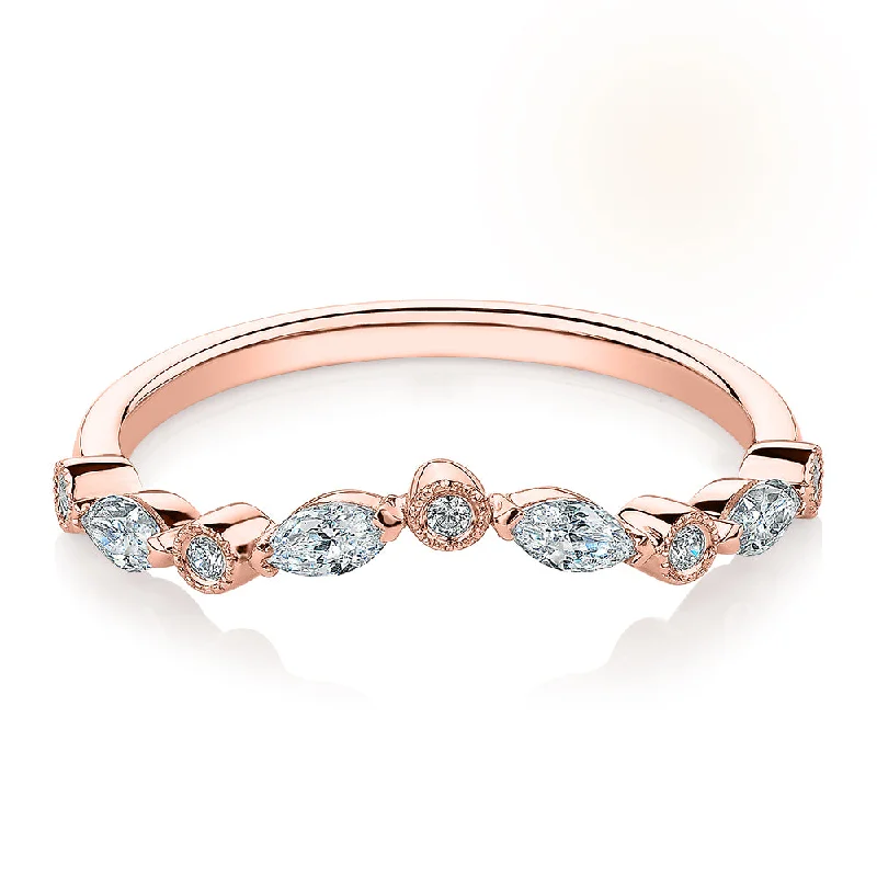 Handmade Gold Rings-Marquise curved wedding or eternity band with 0.43 carats* of diamond simulants in 10 carat rose gold