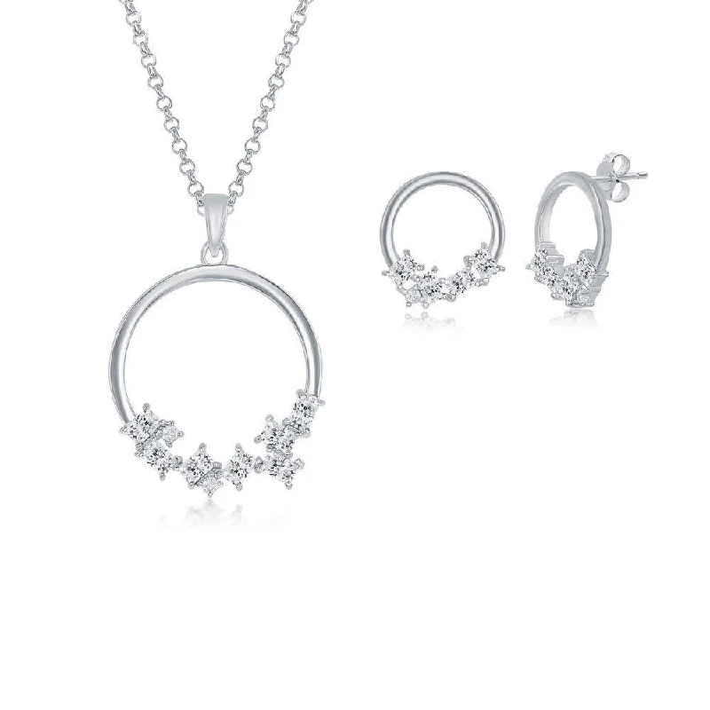 Modern Geometric Earrings-Sterling Silver Multi-Shaped CZ Open Circle Pendant & Earrings Set With Chain