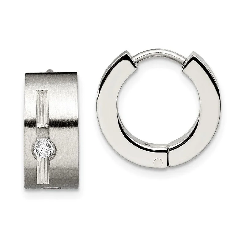 Handcrafted Gemstone Earrings-Stainless Steel CZ Brushed & Polished Round Hinged Hoop Earrings