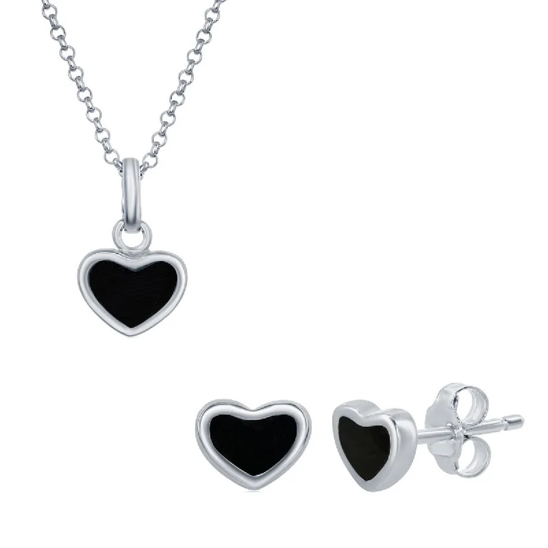 Silver Threader Earrings-Classic Women's Pendant and Earrings Set - Sterling Silver Onyx Heart | SET-399