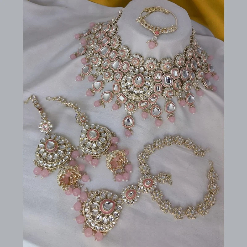 Beautiful Gold Chain Necklaces-Gehana Mahal Gold Plated Kundan Stone Semi Bridal Necklace Set