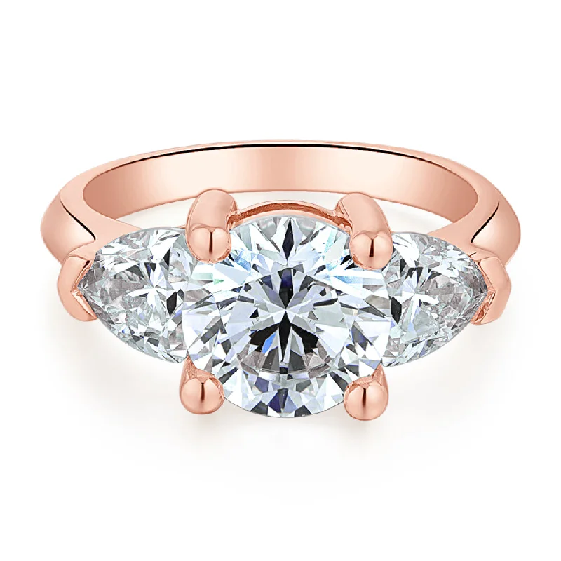 Customizable Rings for Gifts-Three stone ring with 4.15 carats* of diamond simulants in 10 carat rose gold