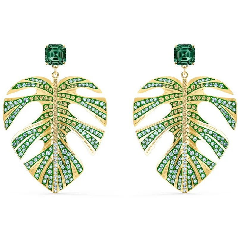 Black Gold Earrings-Swarovski Women's Earrings - Tropical Leaf Green Yellow Gold Plated | 5525242