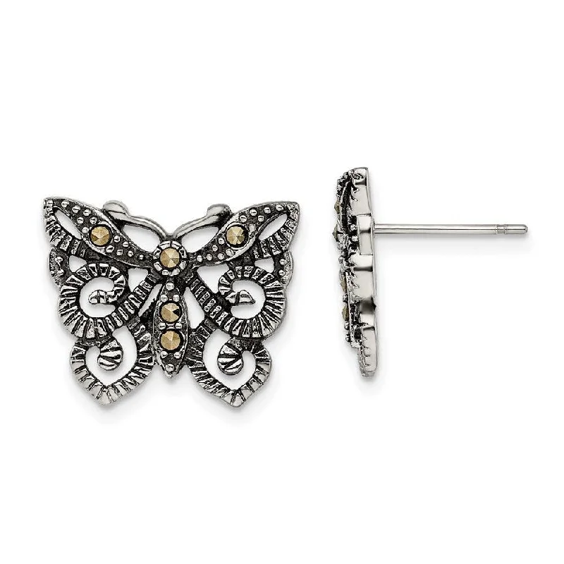 Gold Hoop Earrings for Women-Stainless Steel Butterfly Marcasite Post Earrings