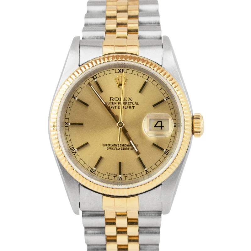 Watches with Stainless Steel Bands-Rolex DateJust 36mm Champagne NO-HOLES 18K Gold Stainless Steel Watch 16233