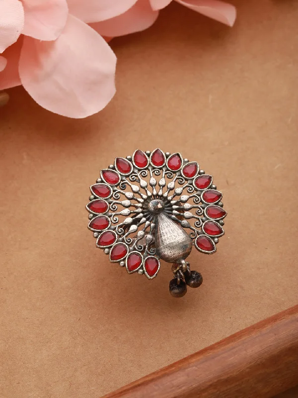 Designer Engagement Rings-Silver-Plated Red Stone Studded Peacock Motif Adjustable Finger Ring