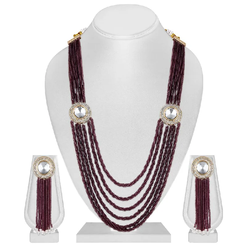 Silver Heart Necklaces-Mahi Gold Plated Maroon and White Crystal Beaded Maharani Layered Necklace Set for Women (NL1103812GMar)