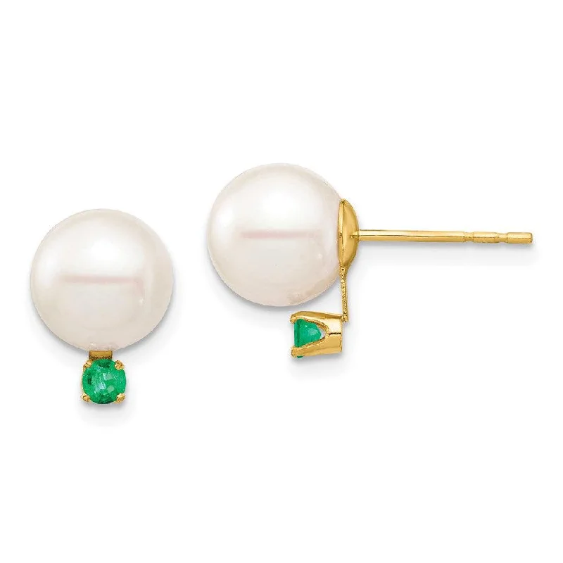 Silver Hoops Earrings-14K 8-8.5mm White Round Freshwater Cultured Pearl Emerald Post Earrings