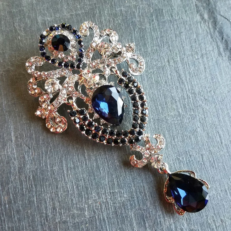 Custom Name Brooch for Gifts-Dangling Dark Navy Ornate Brooch