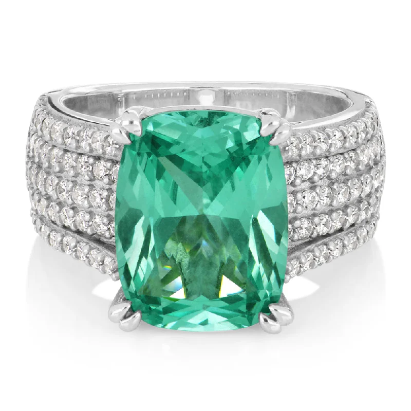 Antique Engagement Rings-Dress ring with ocean green simulant and 0.90 carats* of diamond simulants in sterling silver