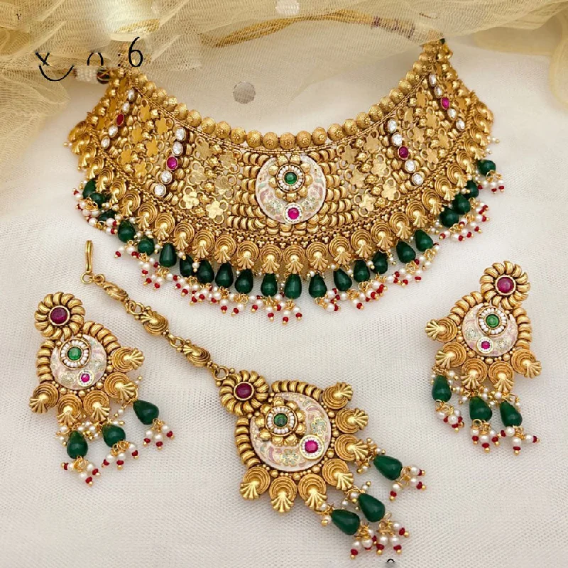 Unique Infinity Necklaces-Jewel Addiction Gold Plated Rajwadi Finish Pota Stone Choker  Necklace Set