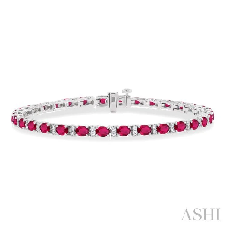 Simple Charm Cuff Bracelets-1/3 ctw Oval Cut 4X3MM Ruby and Round Cut Diamond Precious Bracelet in 14K White Gold