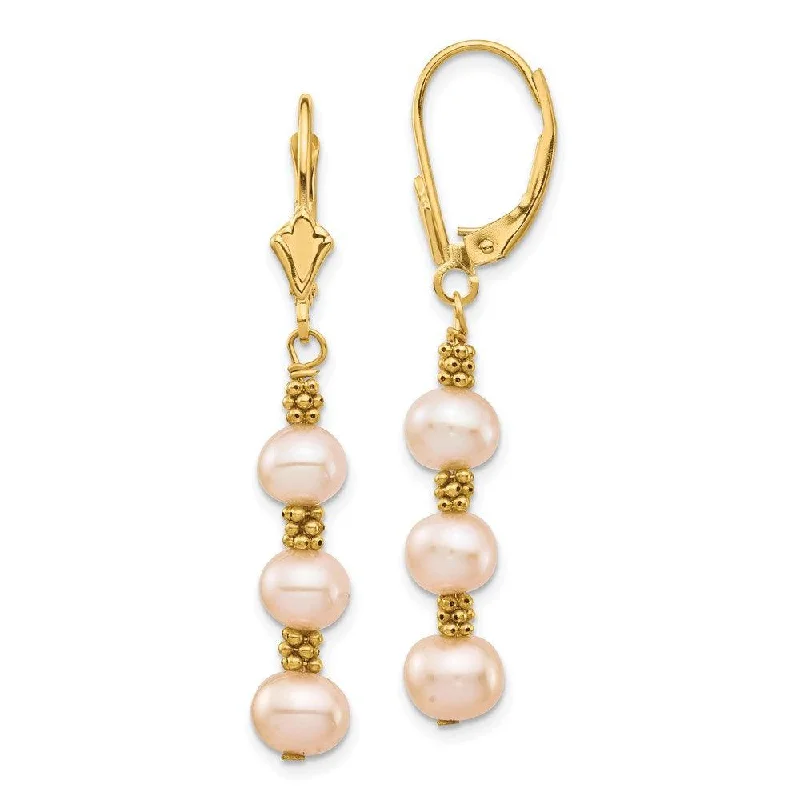 Crystal Drop Earrings-14K 5-6mm Pink Semi-round Freshwater Culutured Pearl Leverback Earrings