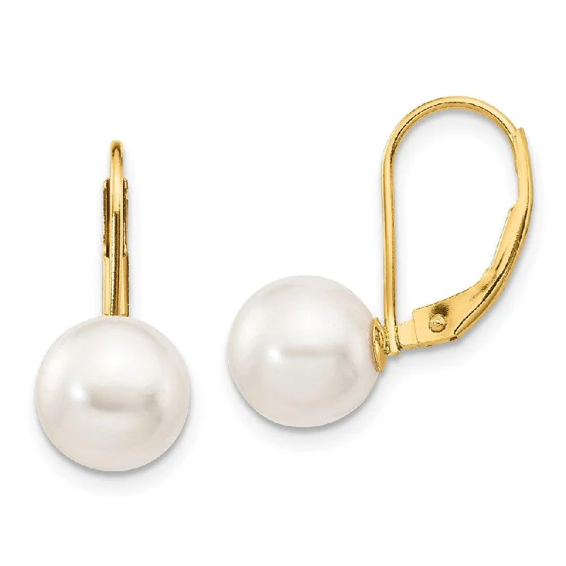 Elegant Bead Earrings-14k 8-9mm White Round Saltwater Akoya Cultured Pearl Leverback Earrings