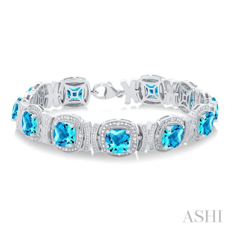 Designer Diamond Bracelets-1/10 ctw Cushion Cut 7X7MM Blue Topaz and Round Cut Diamond Semi Precious Bracelet in Sterling Silver