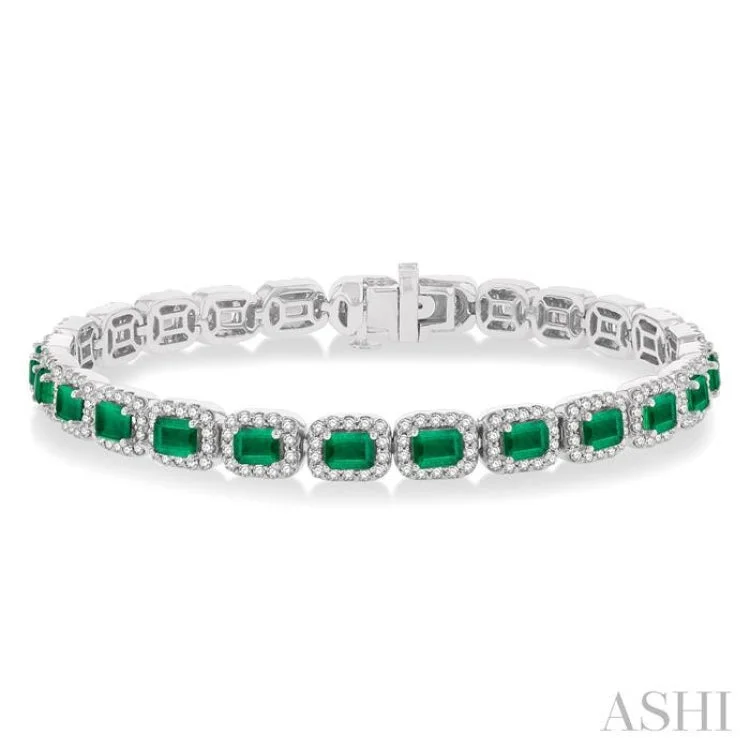 Trendy Designer Bracelets-2 1/5 ctw 4X3MM Emerald and Round Cut Diamond Halo Precious Tennis Bracelet in 14K White Gold