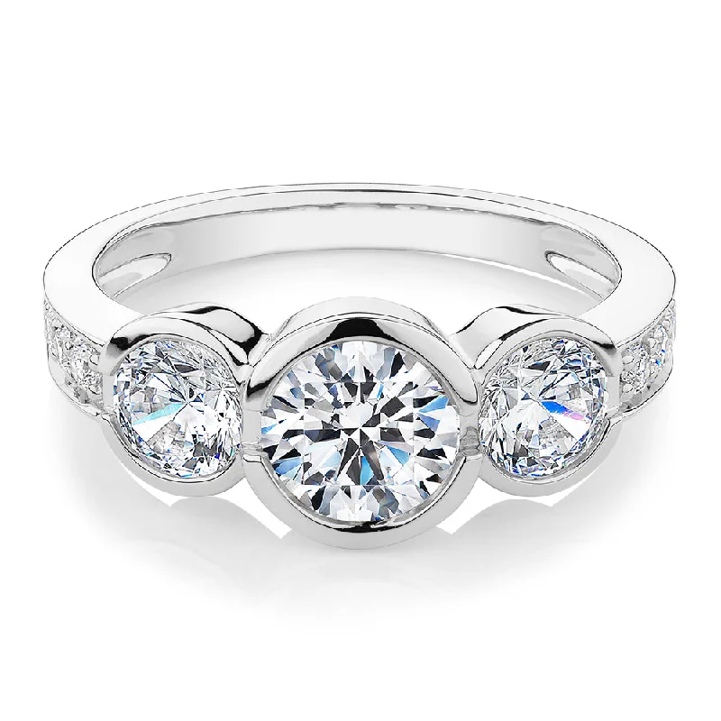 Wedding Bands with Gemstones-Three stone ring with 2.11 carats* of diamond simulants in 10 carat white gold