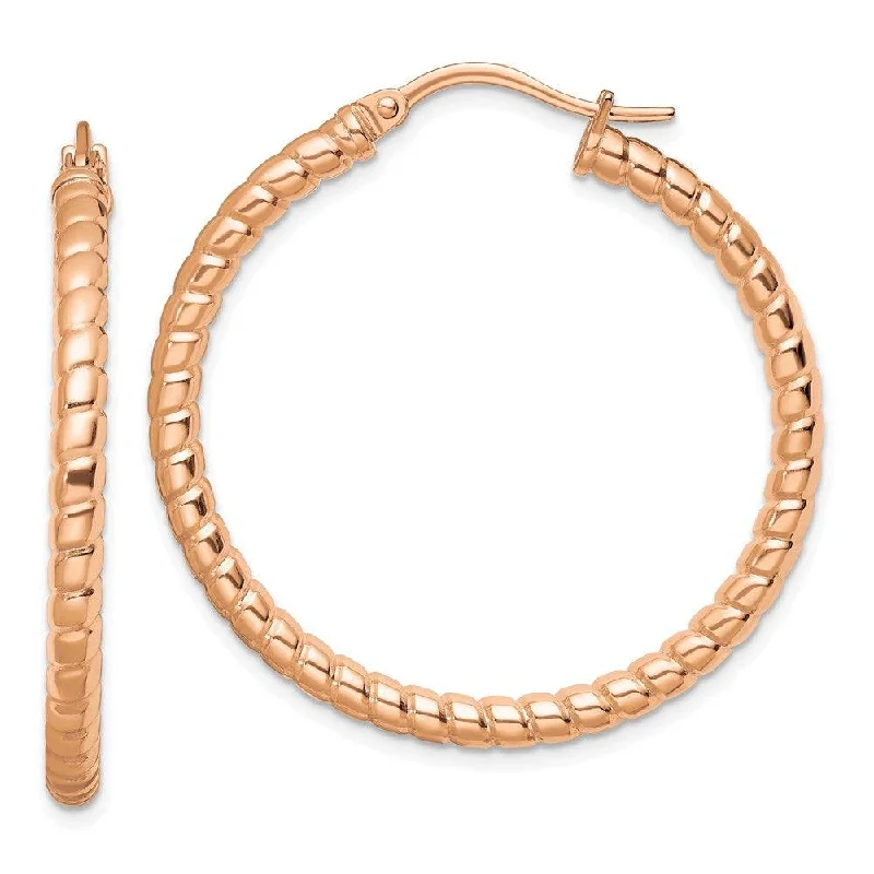 Elegant Rose Gold Earrings-Stainless Steel Pink IP-plated Textured 30mm Hollow Hoop Earrings